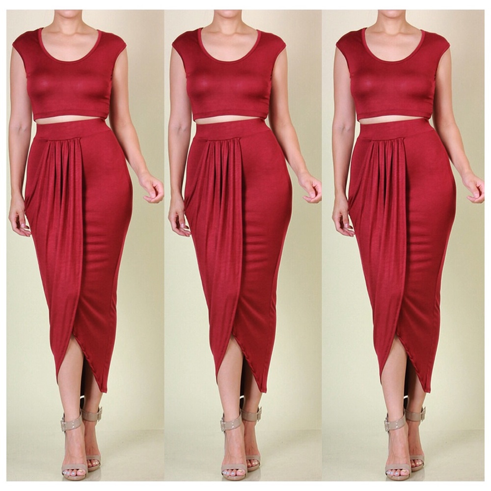 Asia Burgundy Crop Top and Skirt Set - Picture 3 of 5